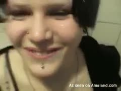Dirty brunette dilettante legal age teenager gives head to her BF in the water closet